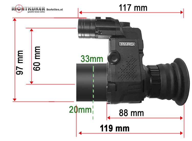 Pard NV007 afmetingen Clip-on nachtkijker